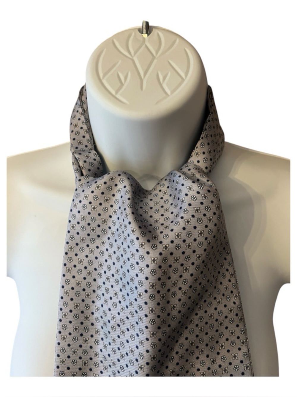 Silk Ascot Cravat Light Grey with Blue Micro Pattern Dot Flower